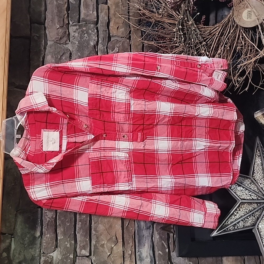 Sonoma 3/4 Button Up Plaid Shirt sz L